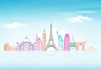 Travel and Tourism Background with Famous World Landmarks in 3d Realistic and Sketch