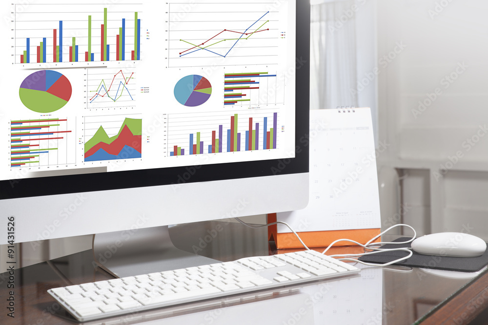 Poster computer showing analysis chart and graph in office