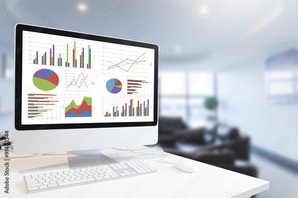Poster computer showing analysis chart and graph in office