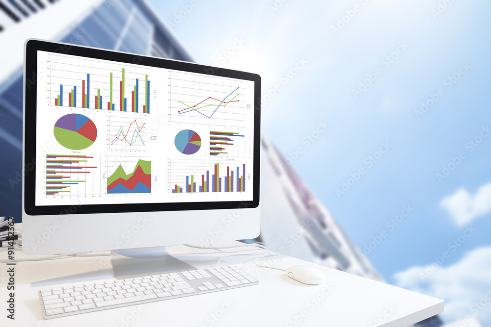 Poster Computer showing analysis chart and graph in office