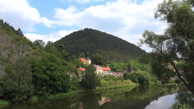Berounka river & Karlstejn Town (Beroun District) near Karlstejn castle. Bohemia, Czech Republic