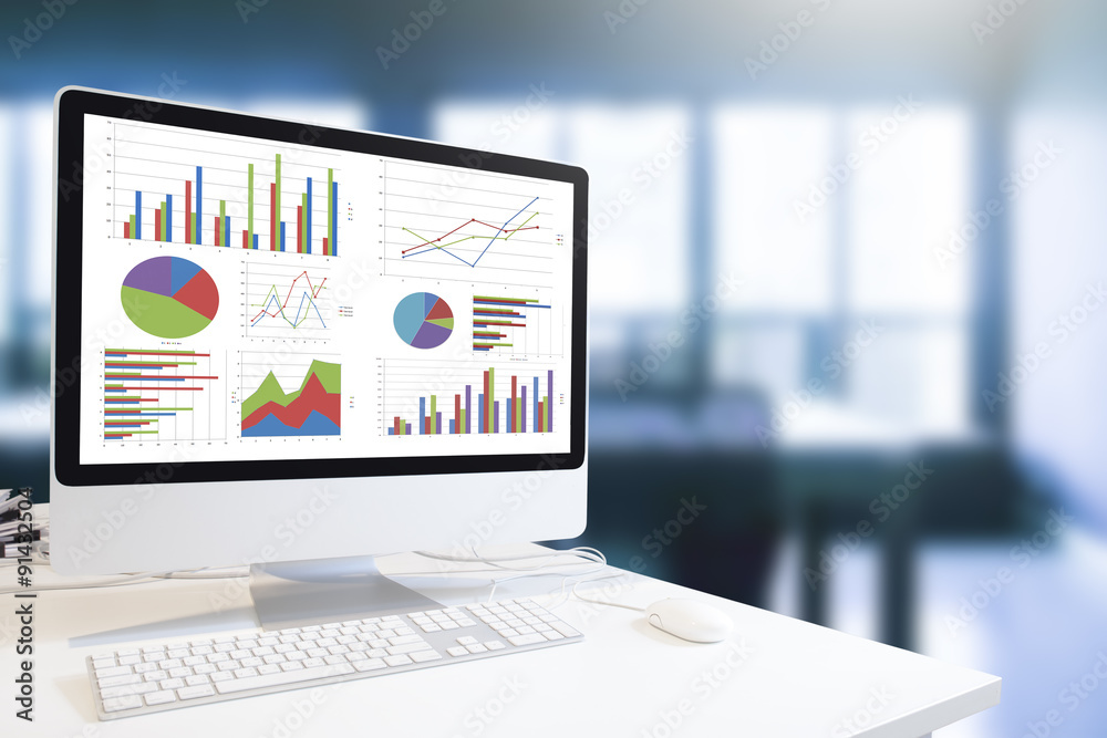 Poster Computer showing analysis chart and graph in office
