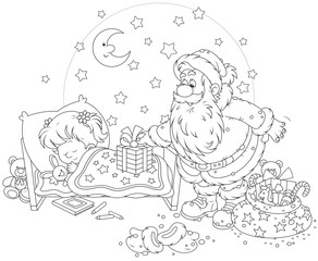 The night before Christmas, Santa Claus putting his presents near the bed of a sleeping girl
