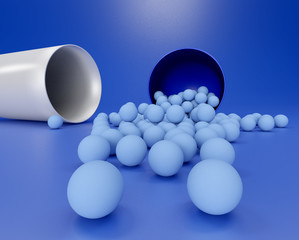 3D illustration of medical pill with small capsules on blue background