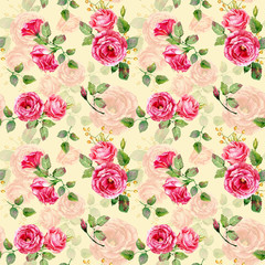 Seamless pattern of watercolor red roses. Illustration of flowers. Vintage. Can be used for gift wrapping paper, the background of Valentine's day, birthday, mother's day and so on.