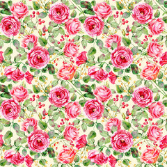 Fototapeta premium Seamless pattern of watercolor red roses. Illustration of flowers. Vintage. Can be used for gift wrapping paper, the background of Valentine's day, birthday, mother's day and so on.