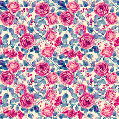 Fototapeta na wymiar Seamless pattern of watercolor red roses. Illustration of flowers. Vintage. Can be used for gift wrapping paper, the background of Valentine's day, birthday, mother's day and so on.