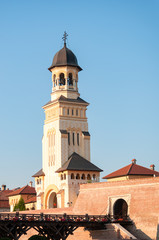 The Coronation Orthodox Cathedral tower and Alba Carolina Fortress. The fortress is considered to be the most representative of Vauban type fortification in Europe. Alba Iulia, Romania