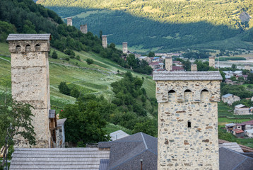 svanetian towers in Mestia town in Upper Svanetia region, Georgia
