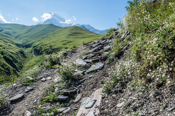 Aerial view in Greater Caucasus Mountains with Mount Kazbek, Georgia