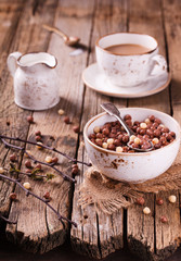 Obraz na płótnie Canvas Delicious chocolate corn balls in milk. Assorted.Healthy Breakfast.selective focus