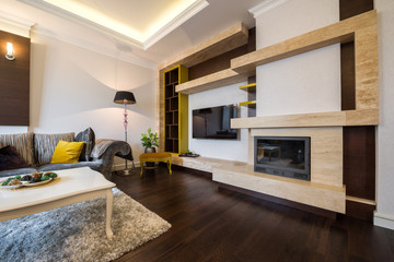 Interior of a living room with fireplace