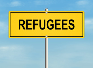 Obraz premium Refugees. Road sign on the sky background. Raster illustration.