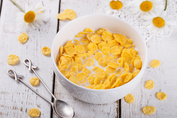 Corn flakes with milk. Healthy Breakfast.selective focus