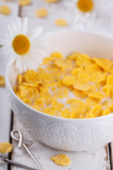 Corn flakes with milk. Healthy Breakfast.selective focus