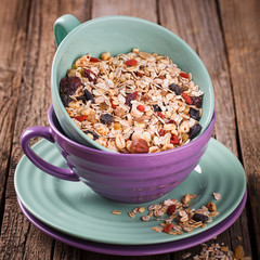 Cereals in colorful bowls.
