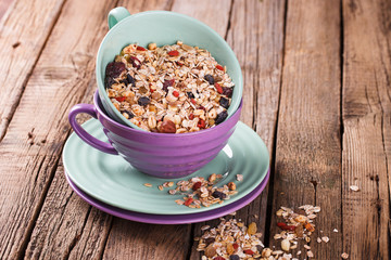 Cereals in colorful bowls.