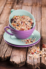 Cereals in colorful bowls.