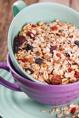 Cereals in colorful bowls.