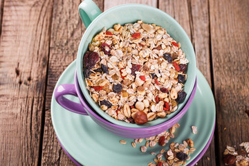 Cereals in colorful bowls.