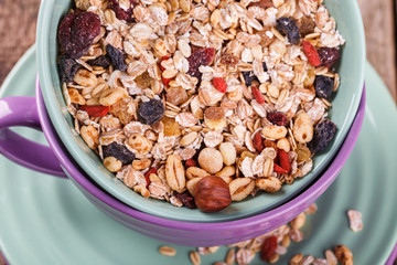 Cereals in colorful bowls.