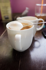 Latte coffee on wooden table
