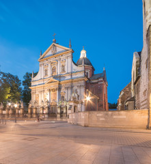Krakow, Poland, baroque church of Saints Peter and Paul in blue hour