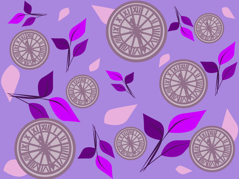 The delicate background decorated with clocks and leaves in purple and violet tint