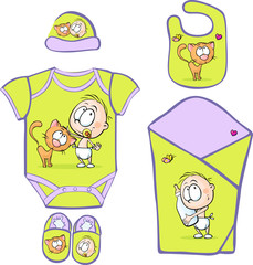 Baby Layette with cute baby and cat - vector illustration
