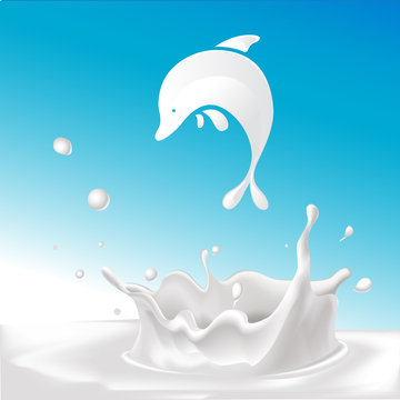 vector splash of milk - illustration with blue background and abstract jumping dolphin