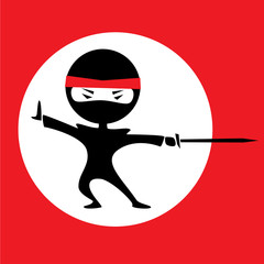Vector illustration of a cartoon ninja holding a sword. Red background with a white circle. Black outfit.