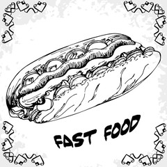 Fast food poster with hot dog. Hand draw retro illustration. Vin