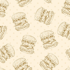 Fast food pattern with hamburger. Hand draw retro illustration.