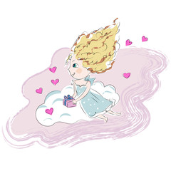 Cute angel girl on a pink cloud with little present