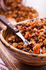 Granola from several types of cereals with nuts,honey,raisins