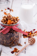 Granola from several types of cereals with nuts,honey,raisins