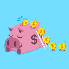 Cartoon money coins running to pink piggy for design.