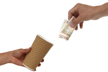 Hand giving a 50 euro bill