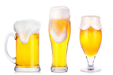 Frosty glasses of light beer isolated 