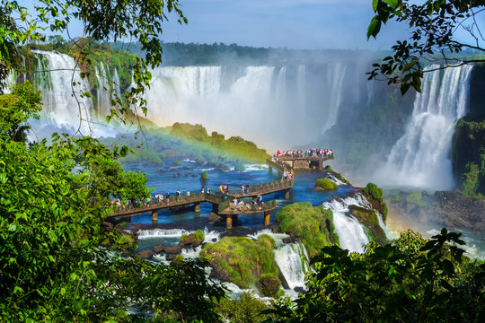 Tourists at Iguazu Falls, on the border of Brazil, Argentina, and Paraguay. 