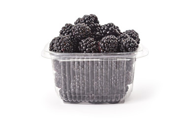 Box or punnet of fresh ripe organic blackberries on a white background