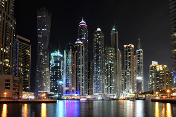 Skyscrapers of Dubai Marina in the night