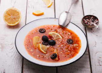 Soup Solyanka,Russian kitchen.