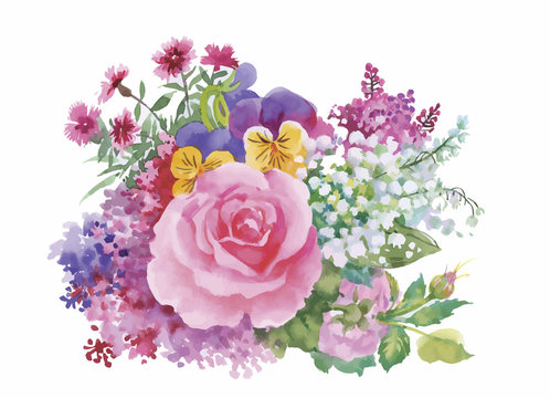 Watercolor flowers in classical style on a white background
