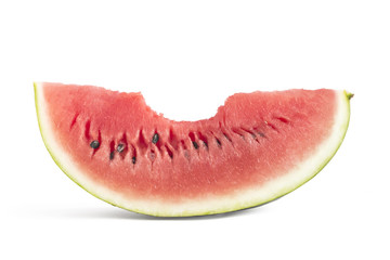 Bitten slice of watermelon on white background