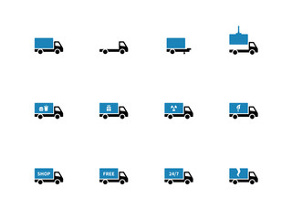 Truck and transportation duotone icons on white background.