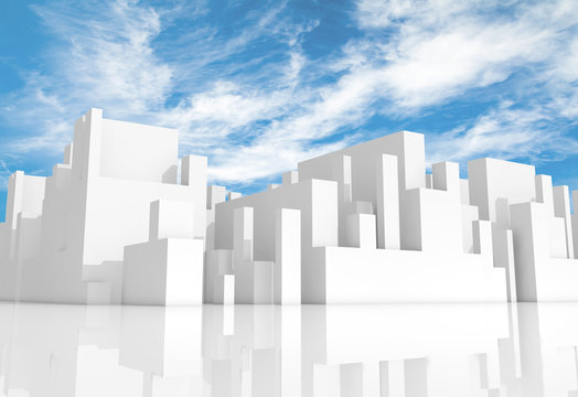 Abstract white schematic 3d cityscape with sky