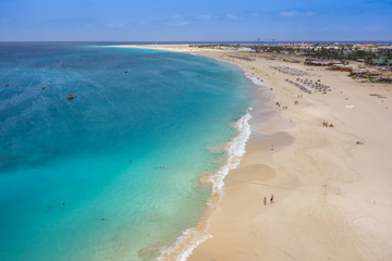 Fototapeta na wymiar Aerial view of Santa Maria beach in Sal Island Cape Verde - Cabo