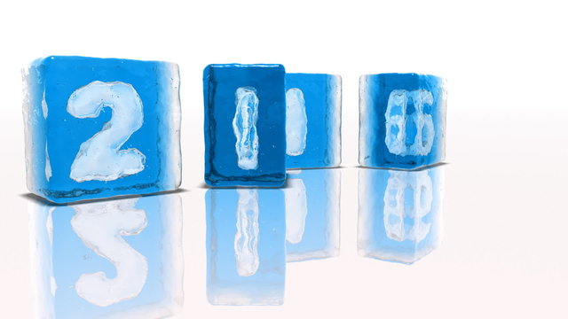 Blue ice blocks on white background with frozen-in numbers 2016. FullHD 1080p.