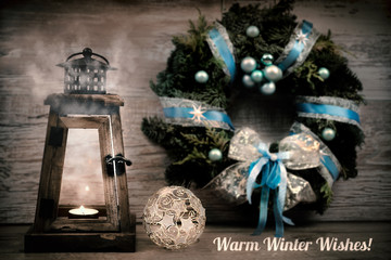 Winter greeting card with caption"Warm Winter Wishes!"